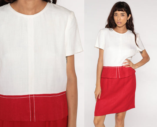 80s Red White Colour Block Pencil Dress High Waist Mini Short Sleeve Medium