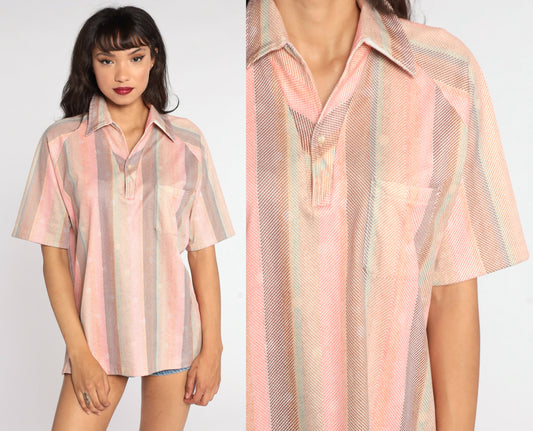 70s Pink Striped Polo Shirt Half Button Dagger Collar Large
