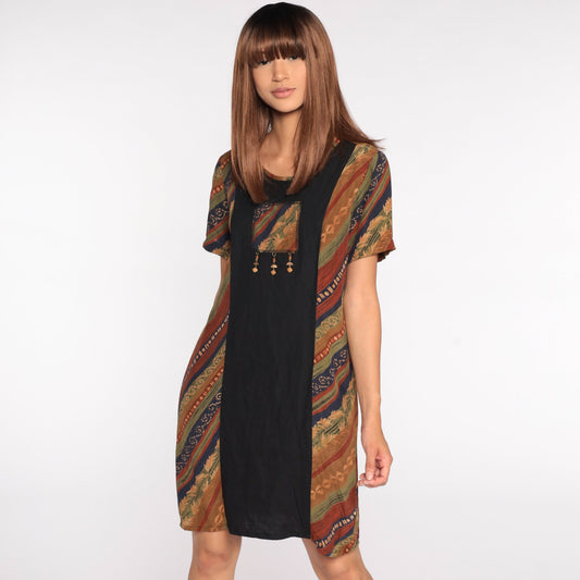 90s Striped Mini Dress Beaded Chest Black Shift Small S