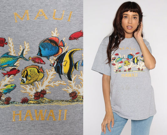 90s Maui Tropical Fish Graphic T-Shirt Grey Large L
