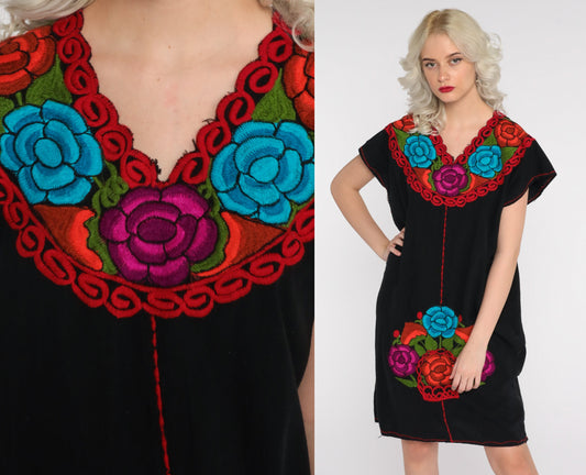 80s Black Cotton Mexican Tunic Dress Floral Embroidery Medium