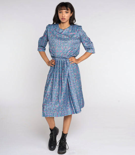 80s Blue Geometric Pleated Secretary Dress High Waist Midi 3/4 Sleeve Extra Large