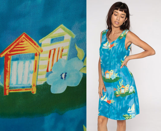 90s Sailboat Floral Mini Dress Sleeveless Shift Sundress Blue Medium