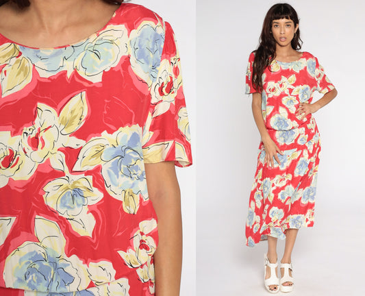 90s Red Floral Midi Dress Button Back Short Sleeve Vintage Medium