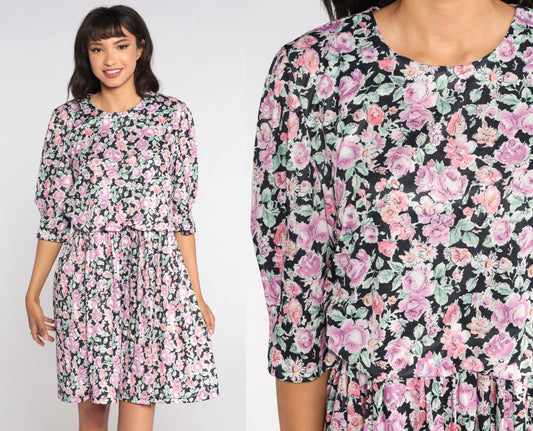 80s Floral Mini Dress Purple Pink Puff Sleeve High Waist Medium Large