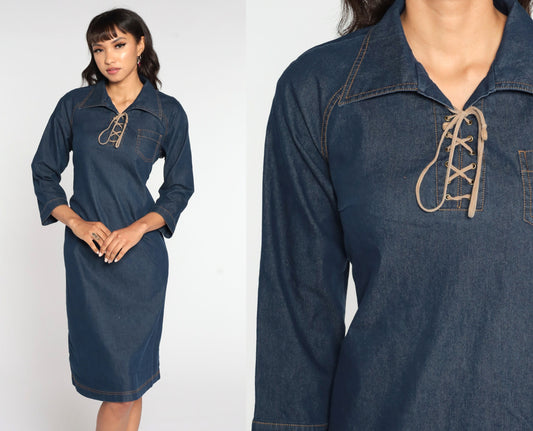 90s Blue Denim Midi Dress Lace-Up Neckline Shift Cut Medium