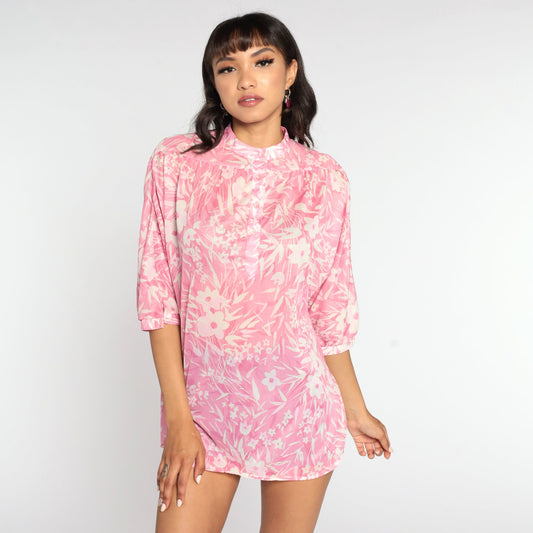 70s Sheer Floral Button-Up Blouse Pink White Three-Quarter Sleeve Medium Large