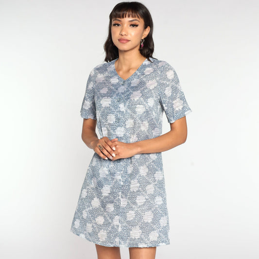 70s Mod Mini Shift Dress Cloud Print Button-Up Grey Medium