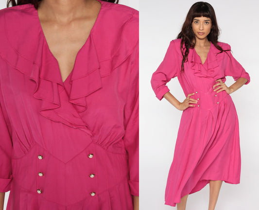 80s Pink Pleated Midi Dress High Waist Button Up Ruffle V-Neck Large L