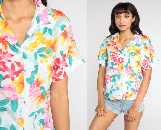 80s Diane von Furstenberg Tropical Floral Button-Up Blouse White Medium