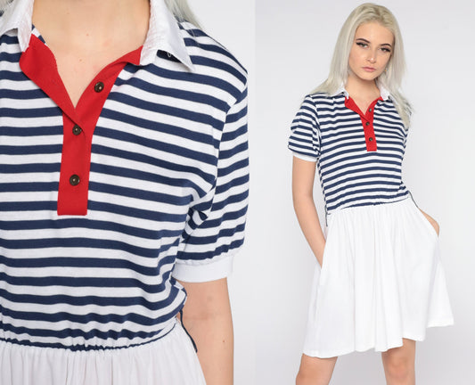 80s Nautical Striped Mini Dress White Blue Sailor High Waist Small S