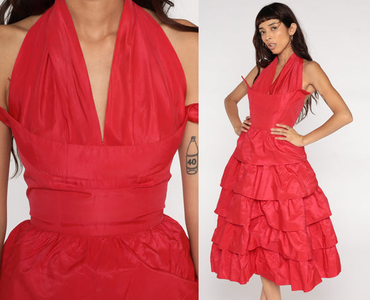 50s Red Halter Party Dress Tiered Skirt V Neck Tea Length Extra Small