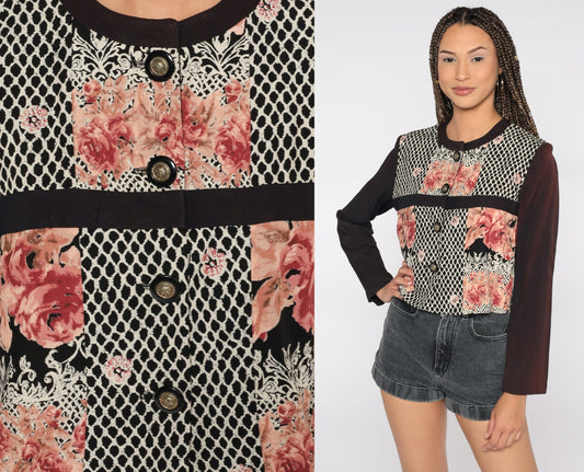 90s Black Floral Rayon Button-Up Shirt Long Sleeve Blouse Small