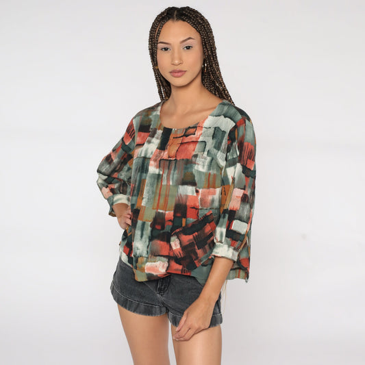 90s Abstract Geometric Brushstroke Blouse Red Grey Short Sleeve Large L