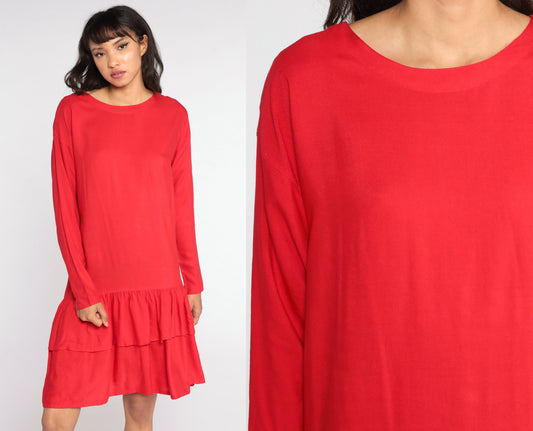 80s Red Tiered Midi Dress Drop Waist Shift Flounce Long Sleeve Medium