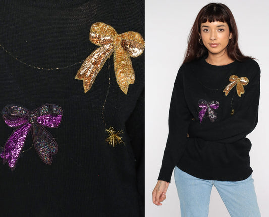 80s Beaded Bow Pullover Sweater Black Knit Large L