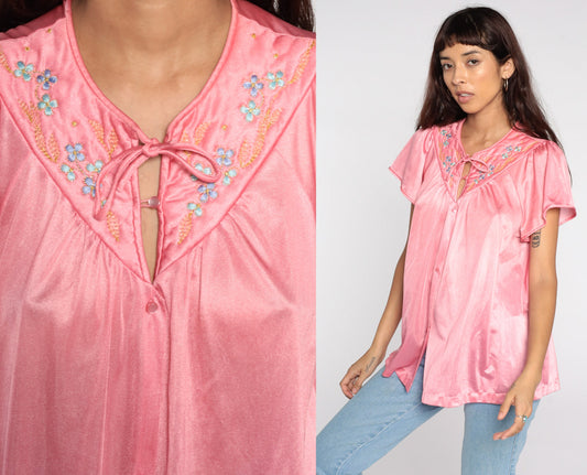 80s Vanity Fair Pink Nylon Pajama Shirt Puff Sleeve Button-Up Medium