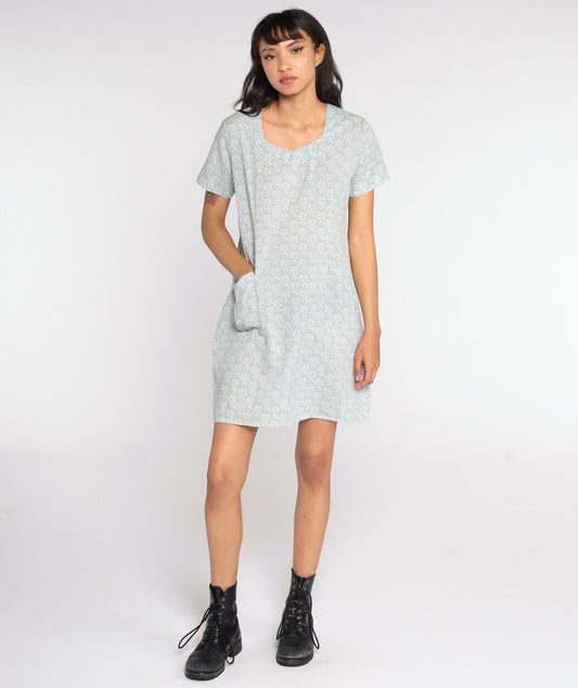 90s Baby Blue Floral Mini Dress Shift Short Sleeve Medium