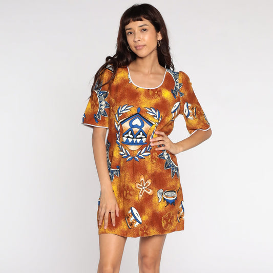 90s Drum Print Mini Dress Puff Sleeve Shift Brown Yellow Cotton Medium