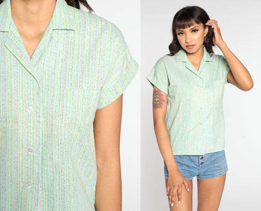 80s Green Striped Cotton Blend Button-Up Blouse Short Sleeve Small S