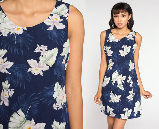 90s Blue Hawaiian Floral Mini Dress Cotton Sundress Small