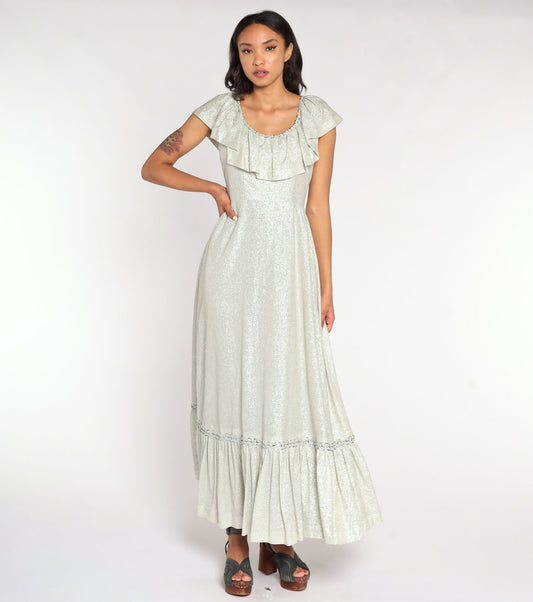 70s Silver Metallic Maxi Dress High Waist Flutter Sleeve Bertha Collar Small