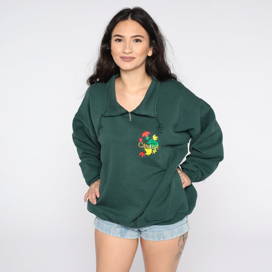 90s Canada Quarter Zip Sweatshirt Green Graphic Pullover Large L
