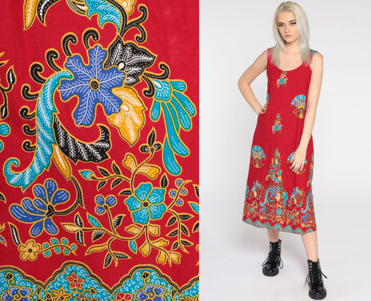 90s Red Floral Midi Dress Sleeveless Sheath Sundress Small