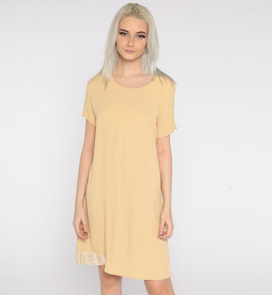 90s Yellow Mini Shift Dress Zig Zag Trim Short Sleeve Small S