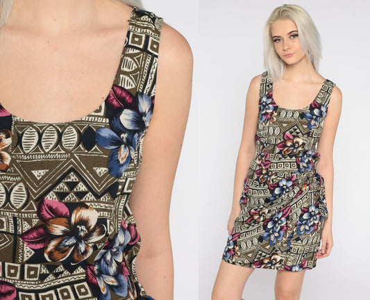 90s Rampage Floral Mini Dress Tropical Flower Print Shift Wrap Skirt Small