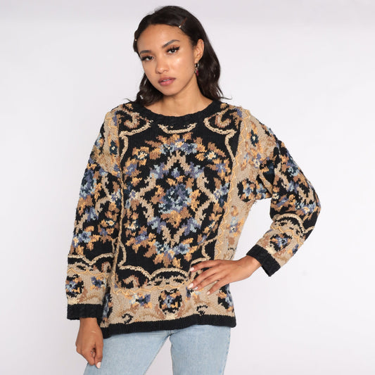 90s Black Floral Print Sweater Cotton Ramie Knit Pullover Large L