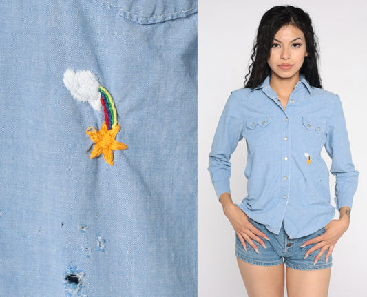 70s Chambray Shirt Embroidered Rainbow Star Pearl Snap Western Blue Extra Small