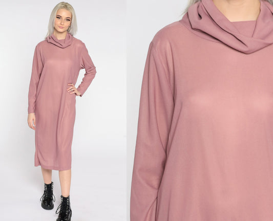 80s Pink Cowl Neck Midi Shift Dress Sheer Polyester Small Medium