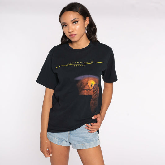 90s Belize Mayan Ruins Graphic T-Shirt Black Cotton Tee Medium