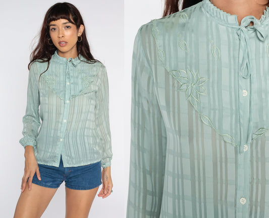 80s Blue Striped Floral Ascot Blouse Embroidered Sheer Button Up Small