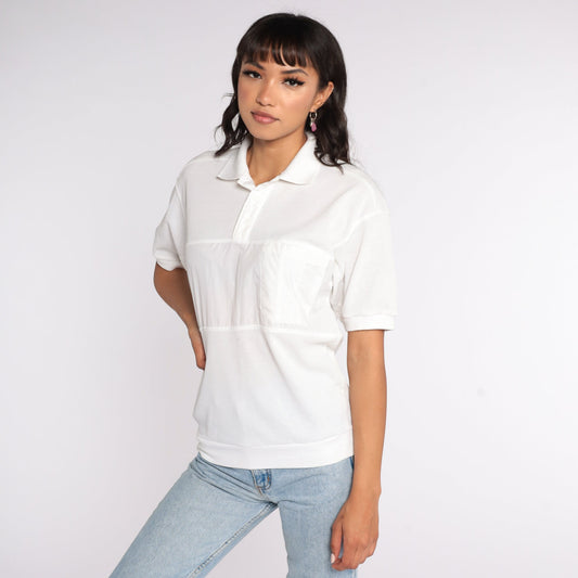 80s White Button Neck Short Sleeve Shirt Cotton Blend Small S