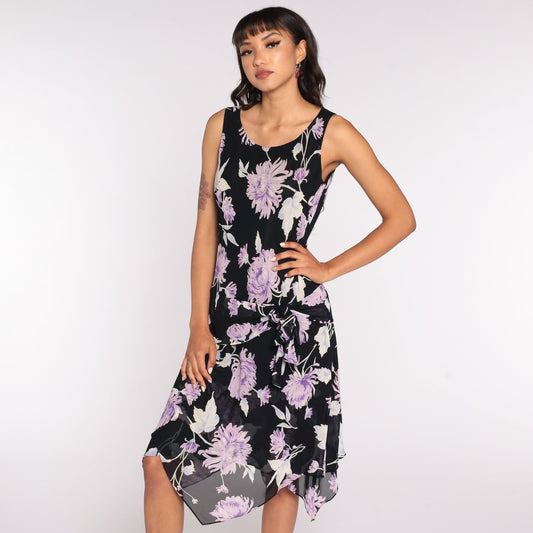 90s Evan Picone Floral High-Low Dress Black Purple Midi Medium