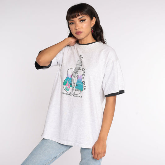 1991 Alaska State Fair Wolf Sunset Graphic T-Shirt Grey Extra Large XXL