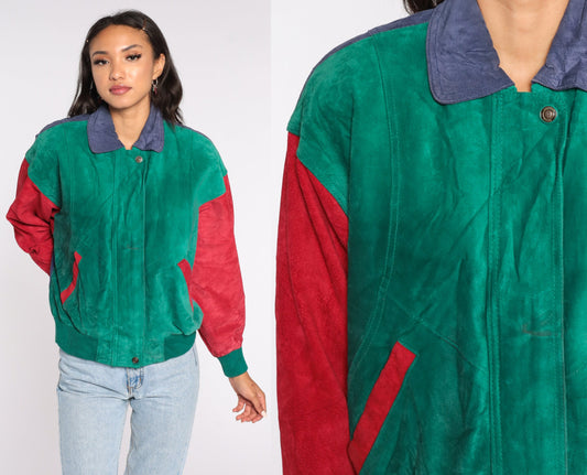 90s Wilsons Suede Varsity Jacket Colour Block Green Red Blue Small S