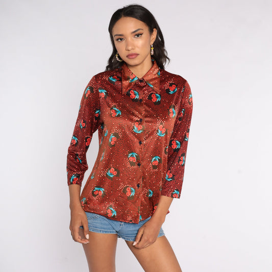 70s Floral Button-Up Shirt Red Flower Print Long Sleeve Blouse Medium Large