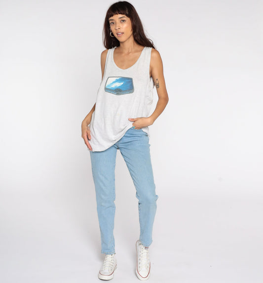 90s Seaworld Adventure Parks Graphic Tank Top Grey Cotton Medium