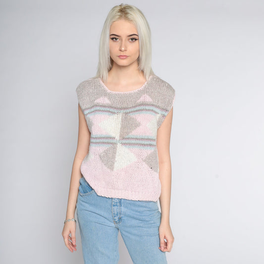 80s Geometric Colour Block Knit Top Baby Pink Cap Sleeve Medium