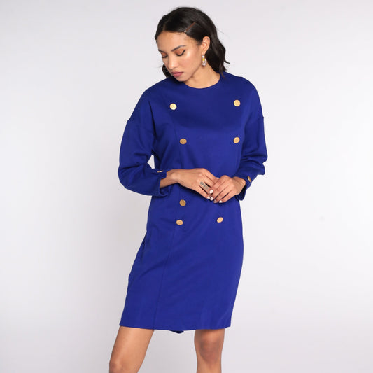 80s Royal Blue Double Breasted Mini Dress Button Up Secretary Small S