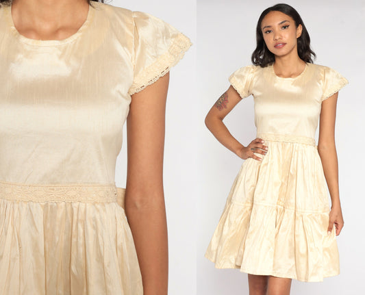 70s Cream Mini Dress Puff Sleeve High Waist Tiered Flounce Small