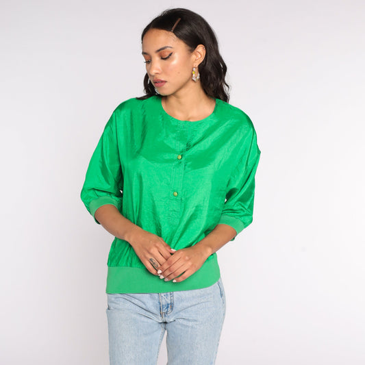 80s Shiny Green Button Neck Blouse Short Sleeve Large