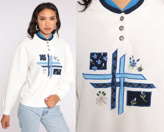 80s Alfred Dunner Floral Embroidered Sweatshirt Off-White Pullover Medium