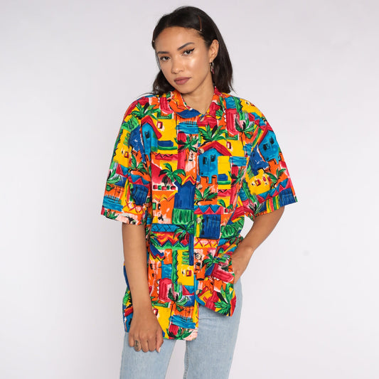 80s Tropical Palm Tree Button-Up Shirt Cotton Hawaiian Surfer Large