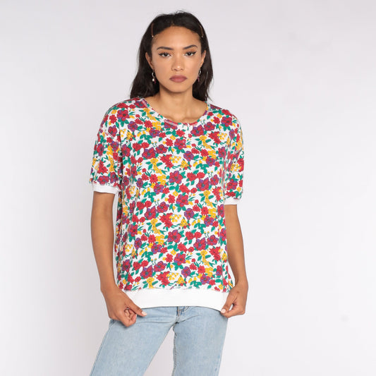 80s Floral Henley Shirt Red White Graphic Blouse Short Sleeve Large L