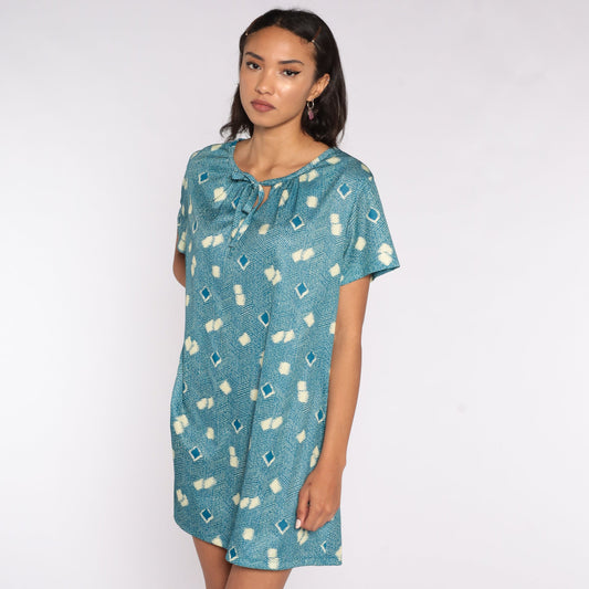 70s Geometric Print Shift Minidress Keyhole Neckline Blue Short Sleeve Extra Large