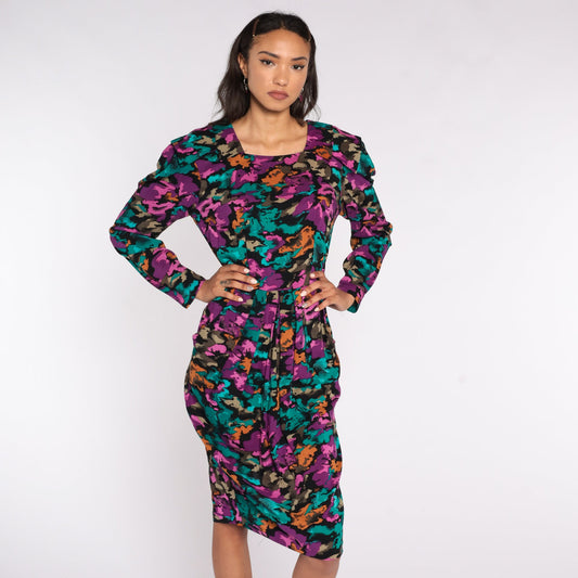 80s Abstract Print Midi Dress Puff Sleeve Purple Wiggle Pencil Medium